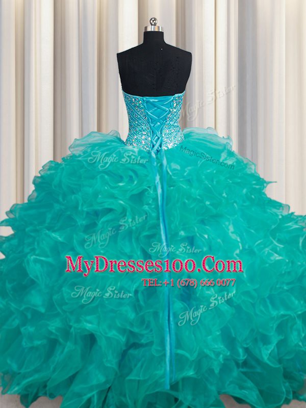 Glamorous Beading and Ruffles Quinceanera Gowns Turquoise Lace Up Sleeveless Floor Length