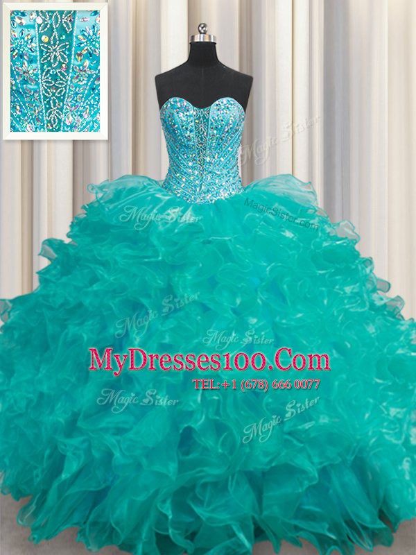 Glamorous Beading and Ruffles Quinceanera Gowns Turquoise Lace Up Sleeveless Floor Length