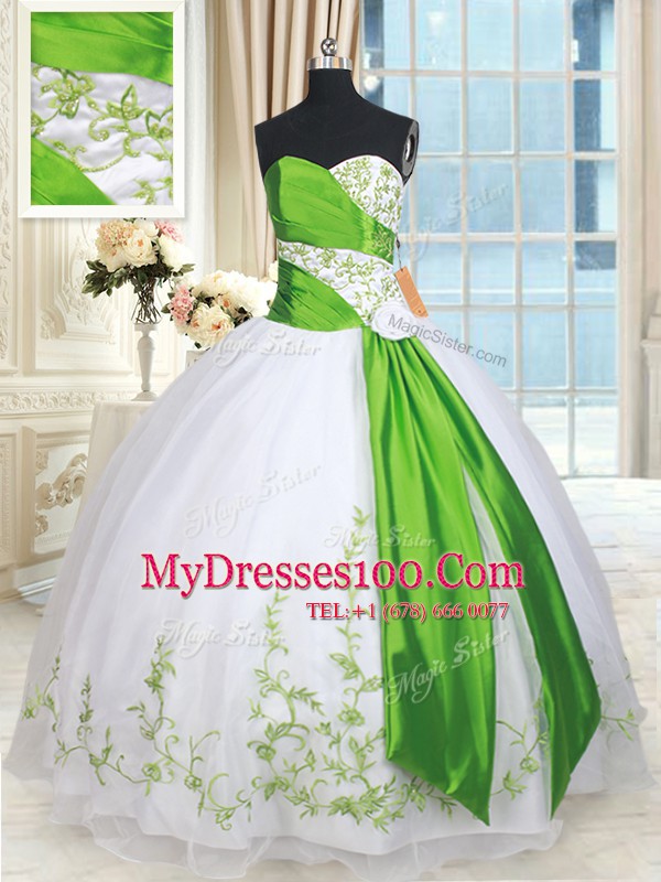 White and Green Sleeveless Floor Length Embroidery and Belt and Hand Made Flower Lace Up Sweet 16 Dress