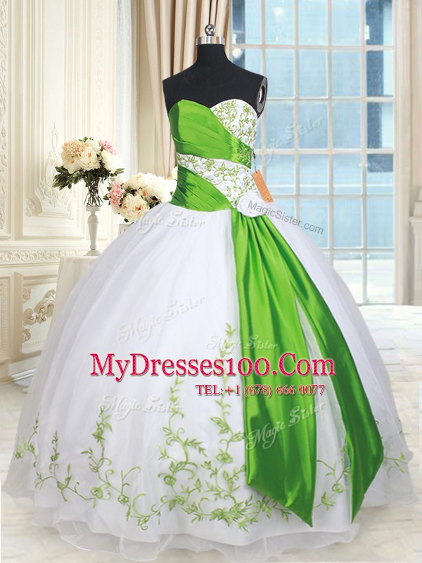White and Green Sleeveless Floor Length Embroidery and Belt and Hand Made Flower Lace Up Sweet 16 Dress