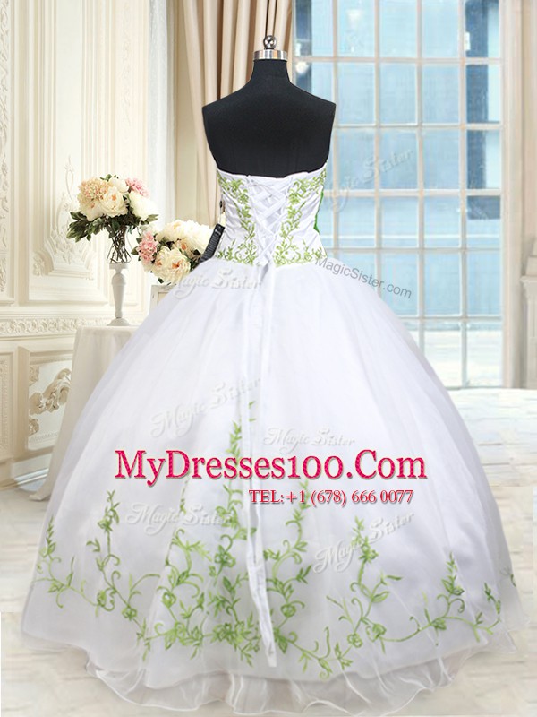 White and Green Sleeveless Floor Length Embroidery and Belt and Hand Made Flower Lace Up Sweet 16 Dress
