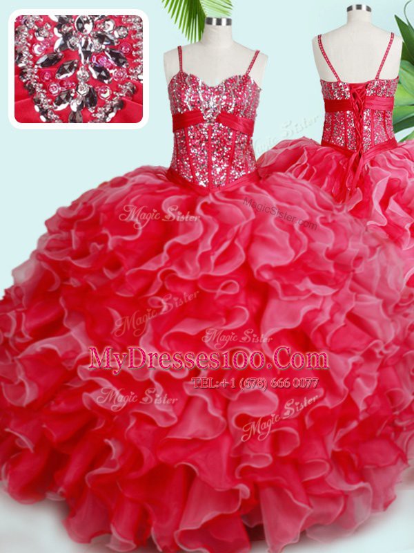 On Sale Organza Spaghetti Straps Sleeveless Lace Up Beading and Ruffles Quince Ball Gowns in Red