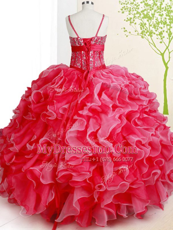 On Sale Organza Spaghetti Straps Sleeveless Lace Up Beading and Ruffles Quince Ball Gowns in Red