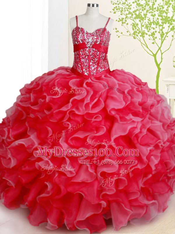 On Sale Organza Spaghetti Straps Sleeveless Lace Up Beading and Ruffles Quince Ball Gowns in Red