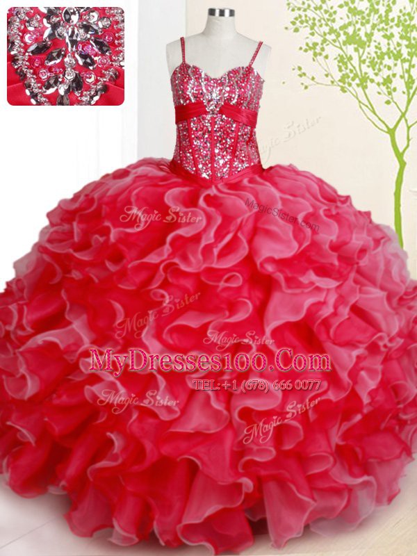On Sale Organza Spaghetti Straps Sleeveless Lace Up Beading and Ruffles Quince Ball Gowns in Red
