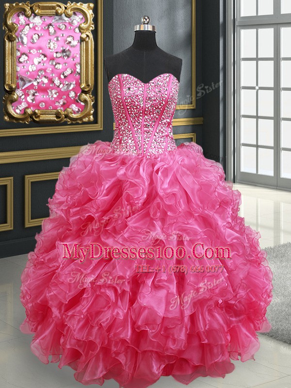 Elegant Hot Pink Ball Gowns Sweetheart Sleeveless Organza Floor Length Lace Up Beading and Ruffles Quinceanera Dresses