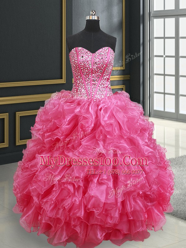 Elegant Hot Pink Ball Gowns Sweetheart Sleeveless Organza Floor Length Lace Up Beading and Ruffles Quinceanera Dresses