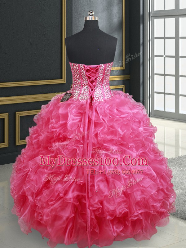 Elegant Hot Pink Ball Gowns Sweetheart Sleeveless Organza Floor Length Lace Up Beading and Ruffles Quinceanera Dresses