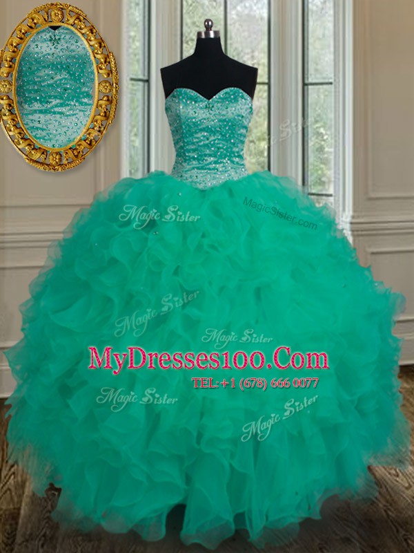 Turquoise Sweetheart Lace Up Beading and Ruffles Quinceanera Dress Sleeveless