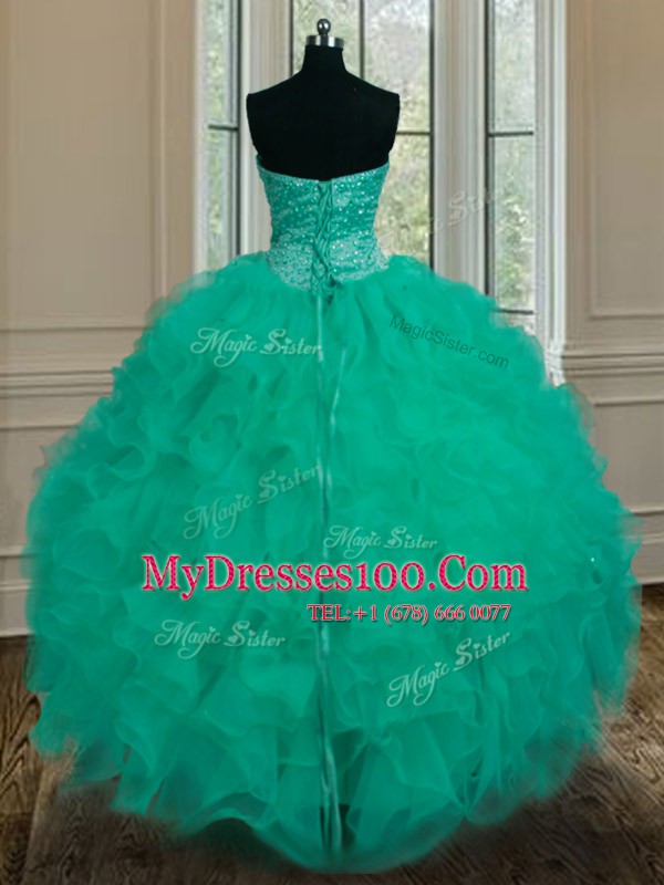 Turquoise Sweetheart Lace Up Beading and Ruffles Quinceanera Dress Sleeveless