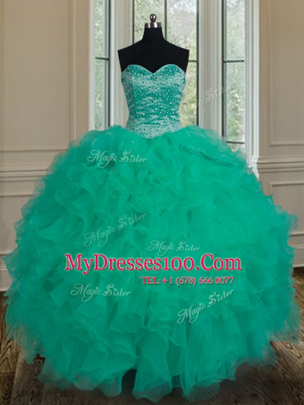 Turquoise Sweetheart Lace Up Beading and Ruffles Quinceanera Dress Sleeveless