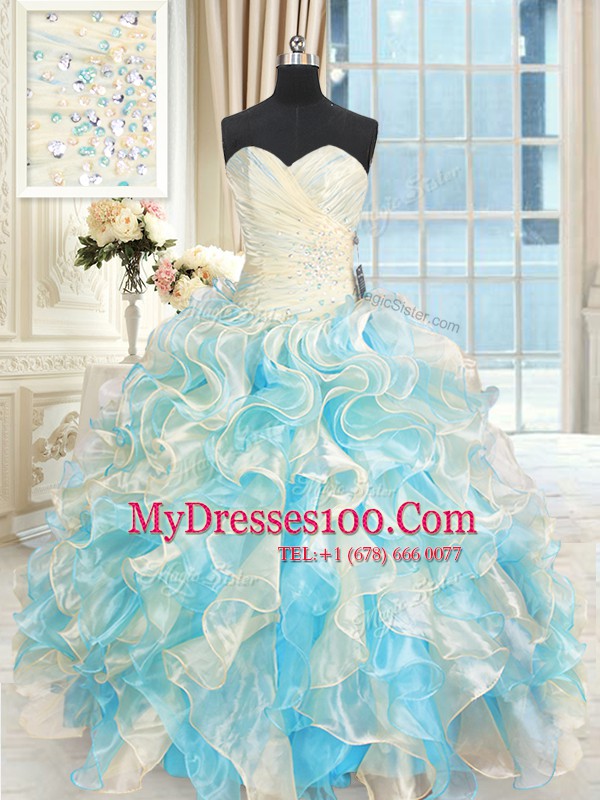 New Arrival Sweetheart Sleeveless Organza Quince Ball Gowns Beading and Ruffles Lace Up