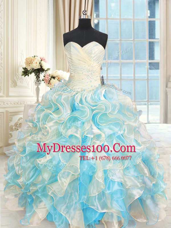 New Arrival Sweetheart Sleeveless Organza Quince Ball Gowns Beading and Ruffles Lace Up
