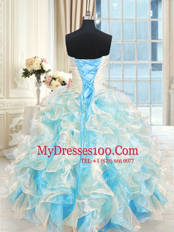 New Arrival Sweetheart Sleeveless Organza Quince Ball Gowns Beading and Ruffles Lace Up