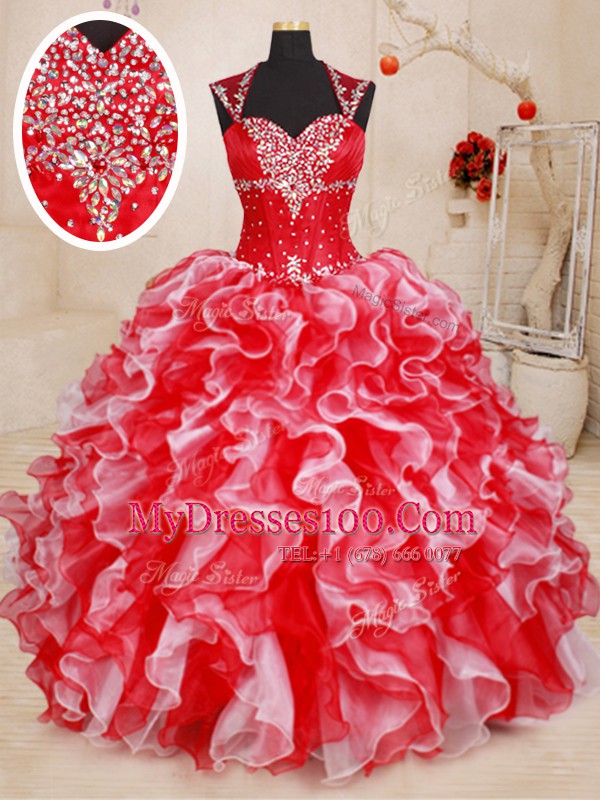 Lovely Straps White and Red Lace Up Sweet 16 Quinceanera Dress Beading and Ruffles Sleeveless Floor Length