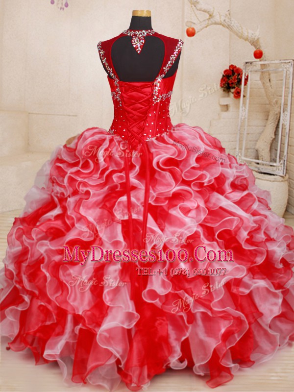 Lovely Straps White and Red Lace Up Sweet 16 Quinceanera Dress Beading and Ruffles Sleeveless Floor Length