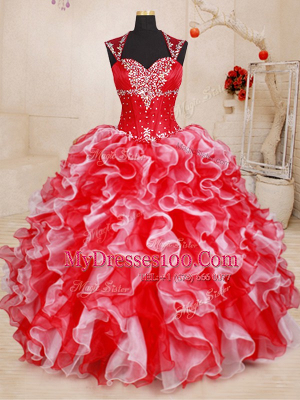 Lovely Straps White and Red Lace Up Sweet 16 Quinceanera Dress Beading and Ruffles Sleeveless Floor Length
