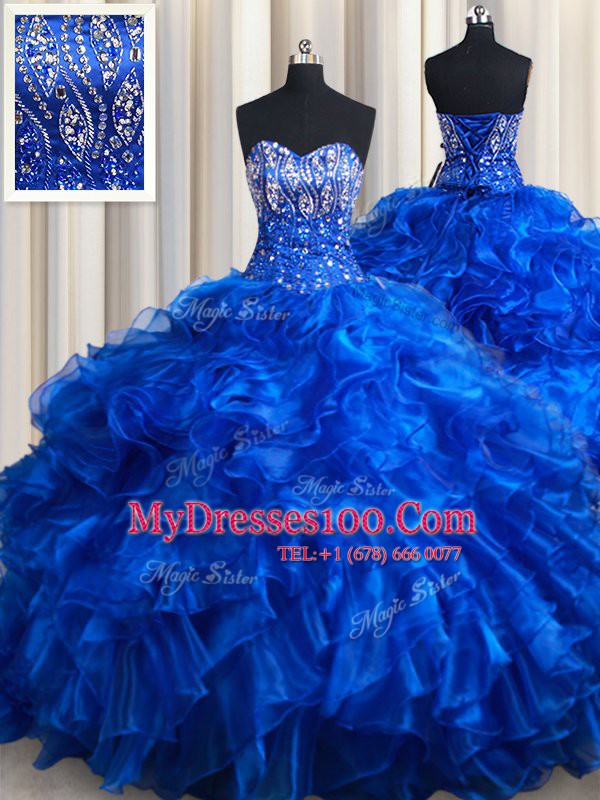 Colorful Sleeveless Organza Brush Train Lace Up Quinceanera Dress in Royal Blue with Beading and Ruffles