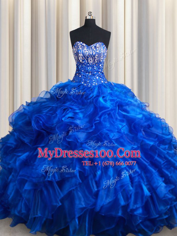 Colorful Sleeveless Organza Brush Train Lace Up Quinceanera Dress in Royal Blue with Beading and Ruffles