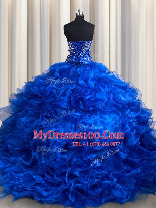 Colorful Sleeveless Organza Brush Train Lace Up Quinceanera Dress in Royal Blue with Beading and Ruffles