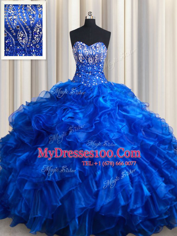 Colorful Sleeveless Organza Brush Train Lace Up Quinceanera Dress in Royal Blue with Beading and Ruffles