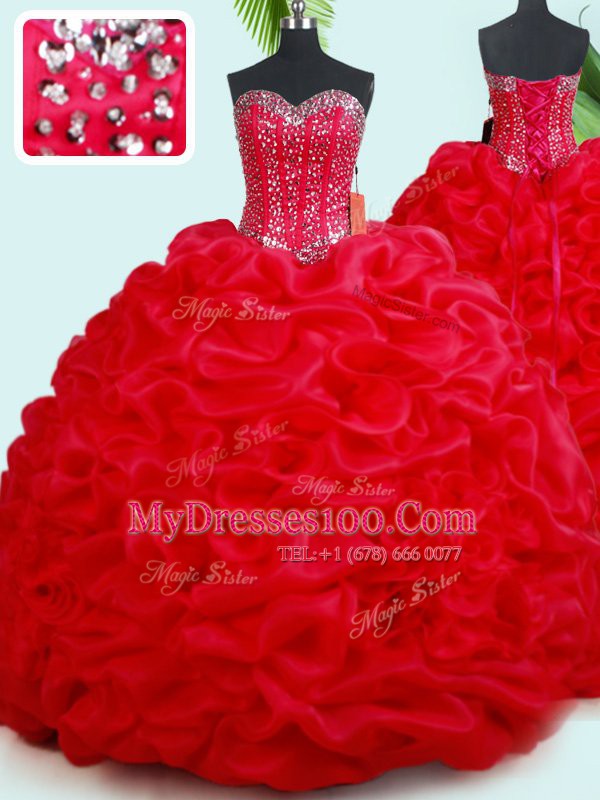 Flare Pick Ups Court Train Ball Gowns Vestidos de Quinceanera Red Sweetheart Organza Sleeveless Lace Up