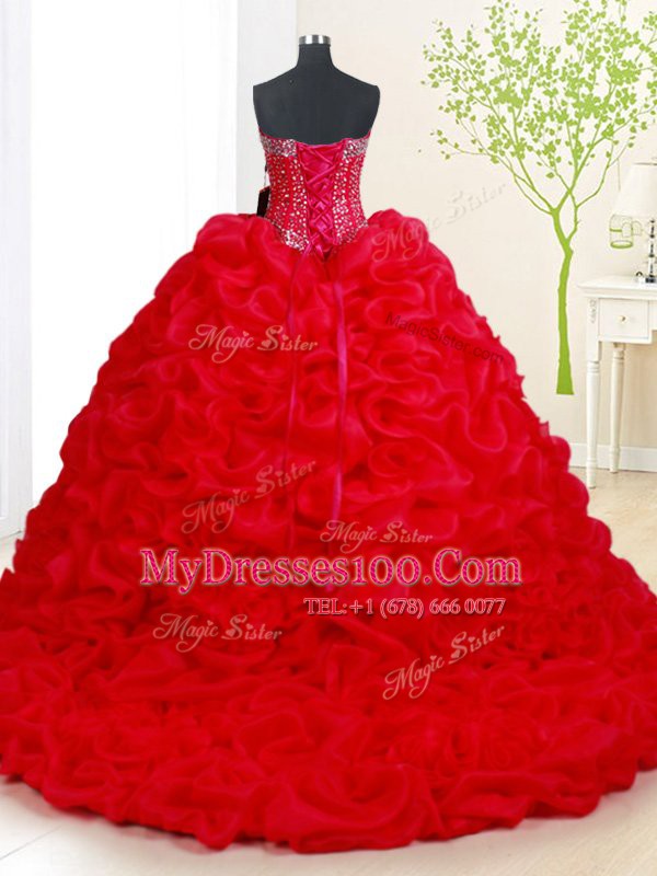 Flare Pick Ups Court Train Ball Gowns Vestidos de Quinceanera Red Sweetheart Organza Sleeveless Lace Up