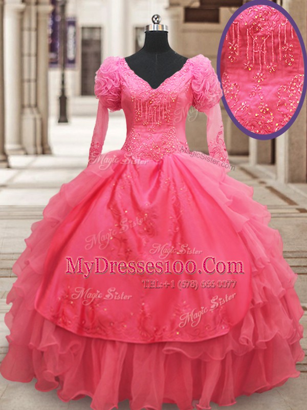 Fantastic Half Sleeves Floor Length Beading and Embroidery and Ruffled Layers Zipper Quinceanera Gown with Pink