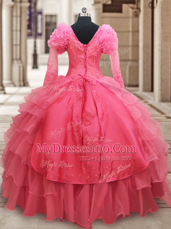 Fantastic Half Sleeves Floor Length Beading and Embroidery and Ruffled Layers Zipper Quinceanera Gown with Pink