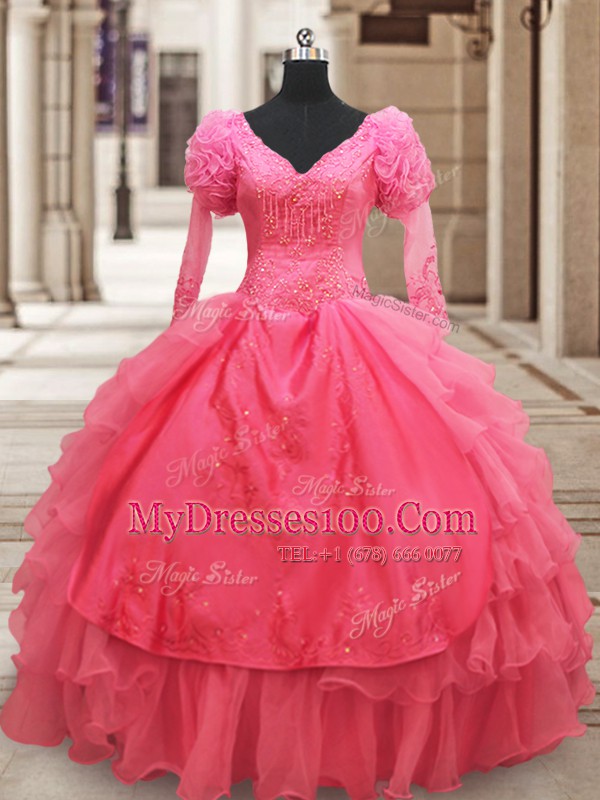 Fantastic Half Sleeves Floor Length Beading and Embroidery and Ruffled Layers Zipper Quinceanera Gown with Pink