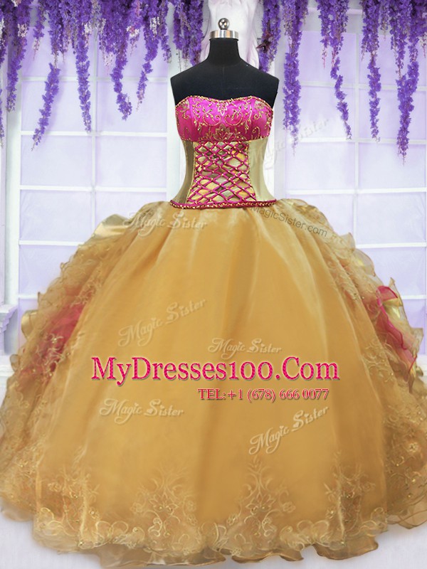 Gold Sleeveless Floor Length Beading and Lace and Ruffles Lace Up 15th Birthday Dress