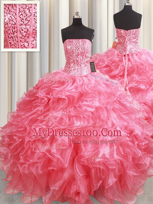 Sweet Pink Lace Up Sweet 16 Dress Beading and Ruffles Sleeveless Floor Length