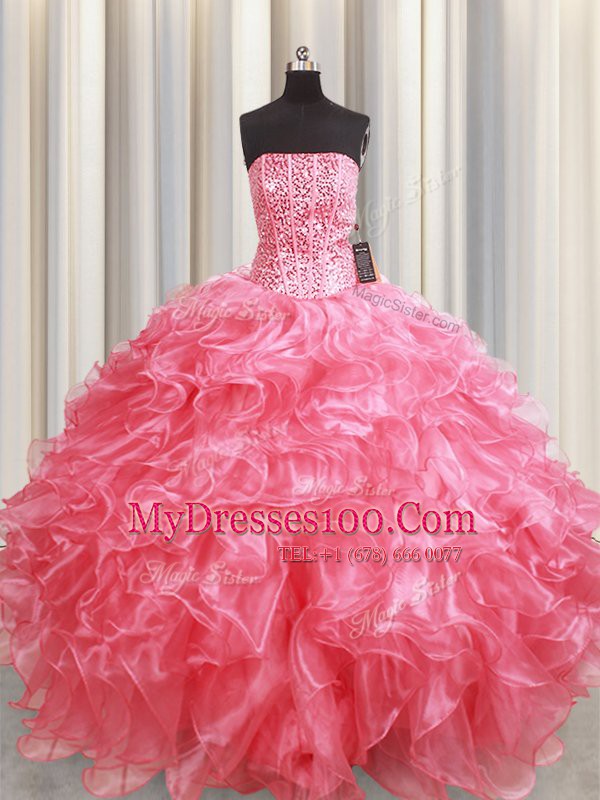 Sweet Pink Lace Up Sweet 16 Dress Beading and Ruffles Sleeveless Floor Length