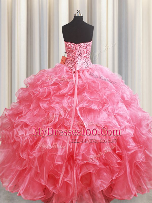 Sweet Pink Lace Up Sweet 16 Dress Beading and Ruffles Sleeveless Floor Length
