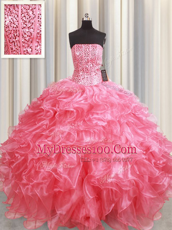 Sweet Pink Lace Up Sweet 16 Dress Beading and Ruffles Sleeveless Floor Length
