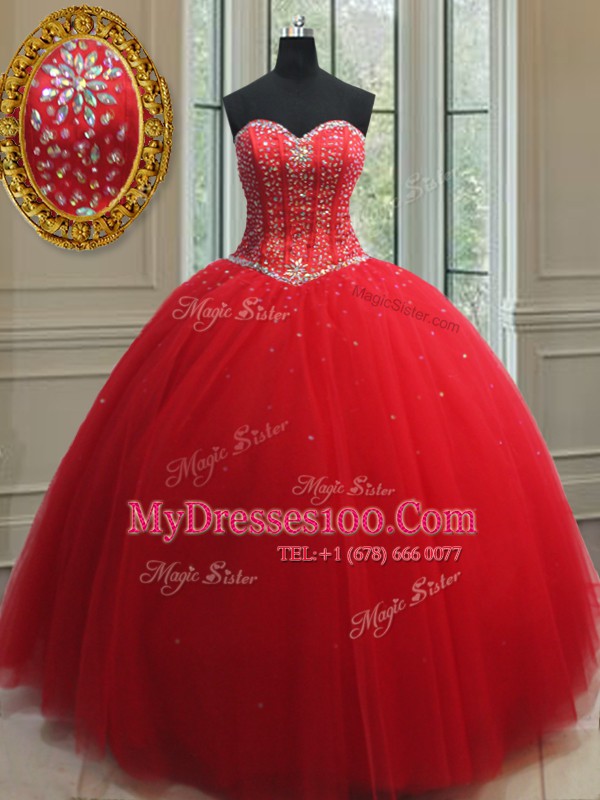 Red Sweetheart Lace Up Beading Quinceanera Gowns Sleeveless