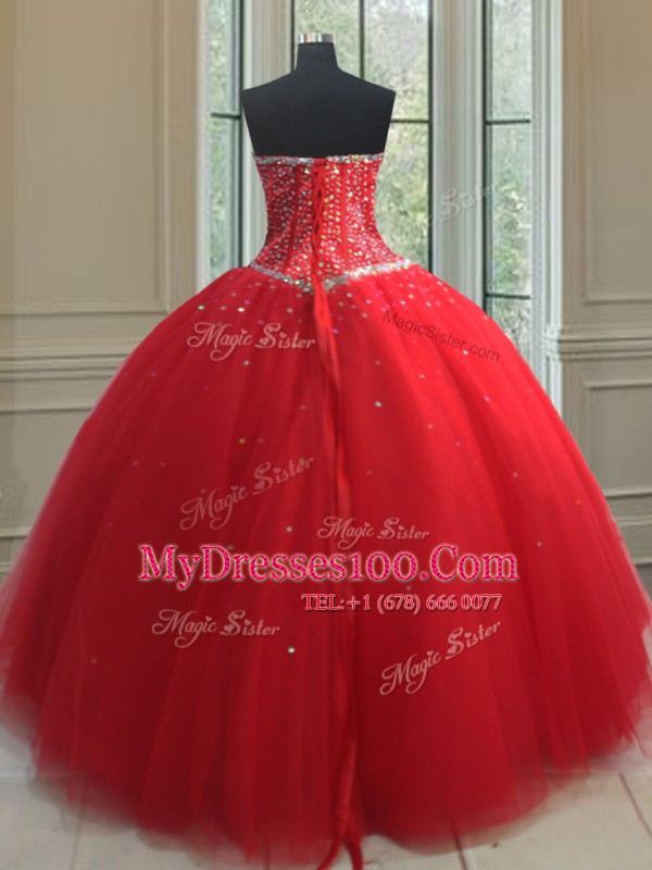 Red Sweetheart Lace Up Beading Quinceanera Gowns Sleeveless