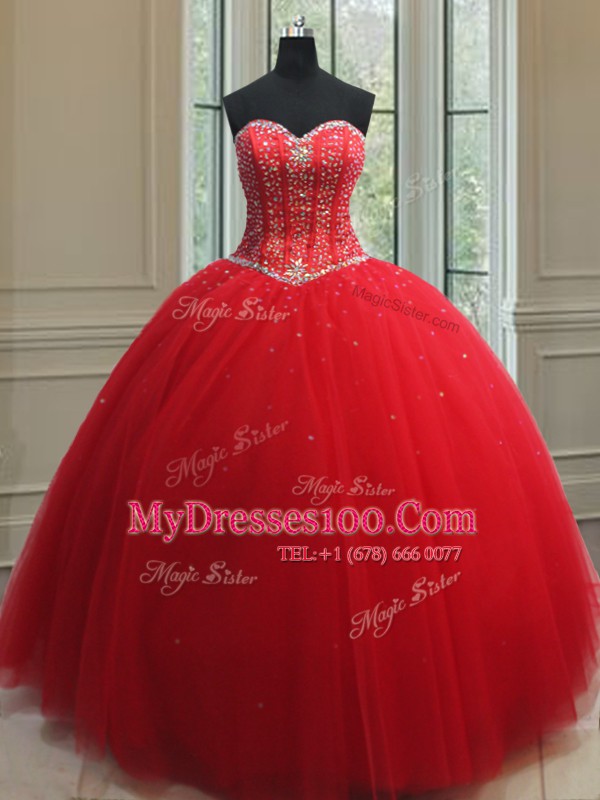 Red Sweetheart Lace Up Beading Quinceanera Gowns Sleeveless