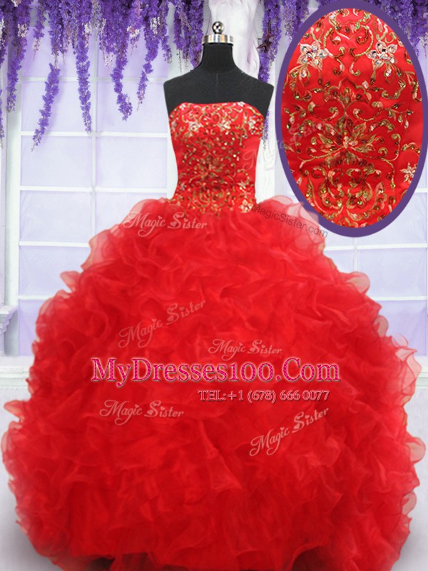 Strapless Sleeveless Lace Up Quinceanera Dresses Red Organza
