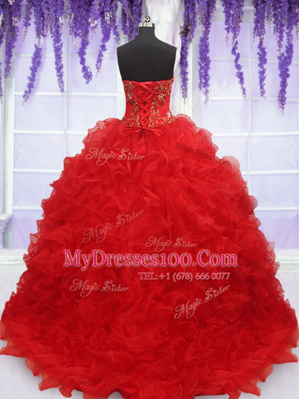 Strapless Sleeveless Lace Up Quinceanera Dresses Red Organza