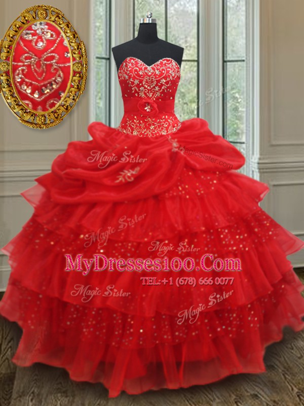 Elegant Beading and Ruffled Layers and Sequins and Pick Ups Quince Ball Gowns Red Lace Up Sleeveless Floor Length