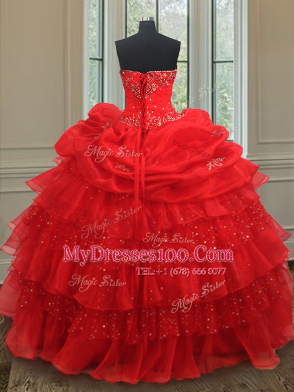 Elegant Beading and Ruffled Layers and Sequins and Pick Ups Quince Ball Gowns Red Lace Up Sleeveless Floor Length
