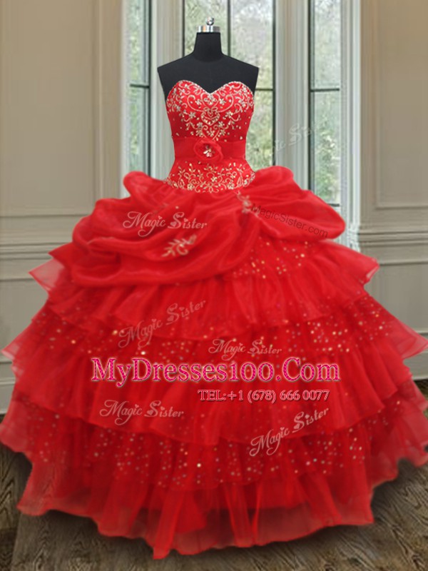 Elegant Beading and Ruffled Layers and Sequins and Pick Ups Quince Ball Gowns Red Lace Up Sleeveless Floor Length