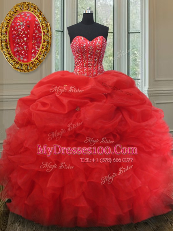 Red Organza Lace Up Sweetheart Sleeveless Quinceanera Gown Beading and Ruffles and Pick Ups