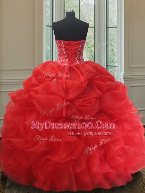 Red Organza Lace Up Sweetheart Sleeveless Quinceanera Gown Beading and Ruffles and Pick Ups