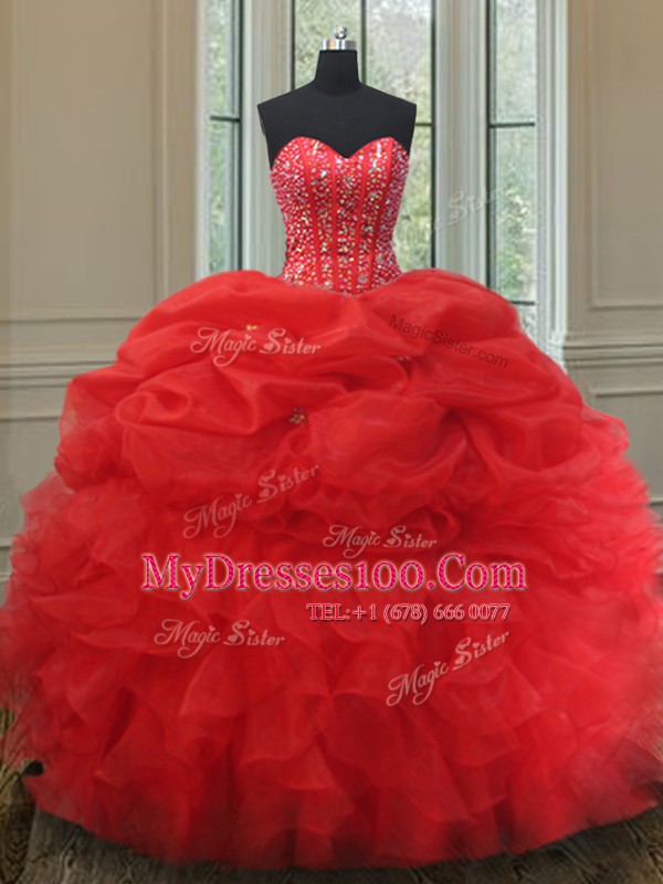 Red Organza Lace Up Sweetheart Sleeveless Quinceanera Gown Beading and Ruffles and Pick Ups