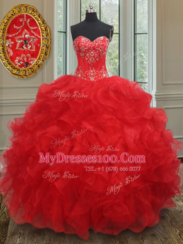 Red Organza Lace Up Sweetheart Sleeveless Floor Length Vestidos de Quinceanera Beading and Ruffles