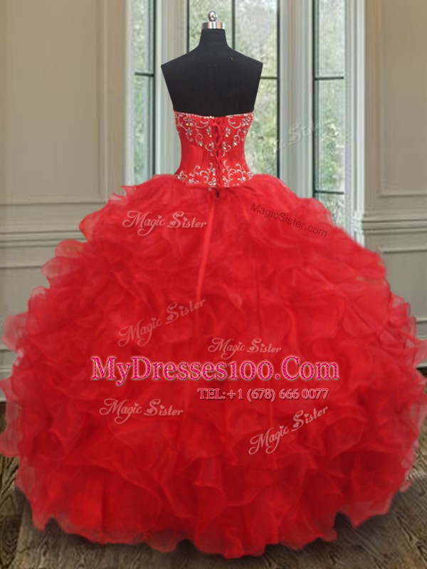 Red Organza Lace Up Sweetheart Sleeveless Floor Length Vestidos de Quinceanera Beading and Ruffles
