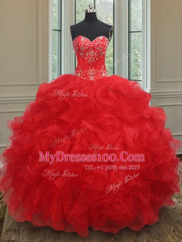 Red Organza Lace Up Sweetheart Sleeveless Floor Length Vestidos de Quinceanera Beading and Ruffles