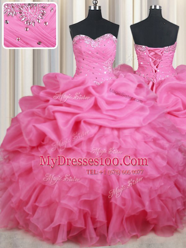 Rose Pink Ball Gowns Sweetheart Sleeveless Organza Floor Length Lace Up Beading and Ruffles and Pick Ups Quince Ball Gowns